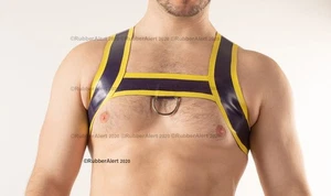 Men's Rubber CHEST HARNESS Metallic Purple/Yellow D-ring on front strap Size M - Picture 1 of 4