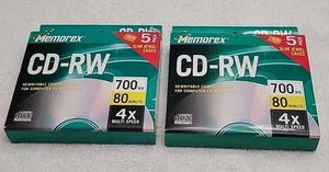 Lot of 2 Memorex CD-RW Rewritable 5 Pack 700MB 80 Mins Slim Jewel Cases 4X Speed - Picture 1 of 9