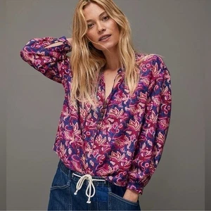 Anthropologie Pilcro Womens Lucille Peasant Floral Pink Blue Top L Puff Sleeve - Picture 1 of 15