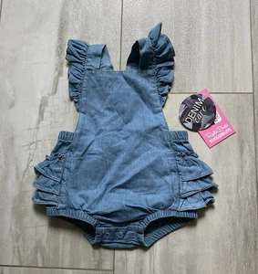 New! RuffleButts Light Wash Chambray Denim Ruffles Crisscross Bubble Romper - Picture 1 of 12