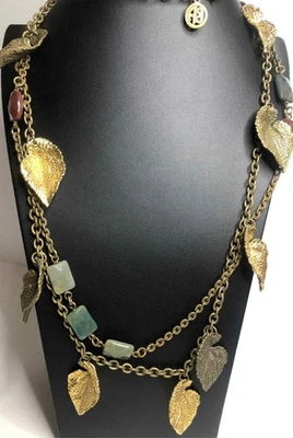 7711 Ben Amun antiqued Goldtone 2-strand dangle leaf station Necklace 38" - Image 1 of 4