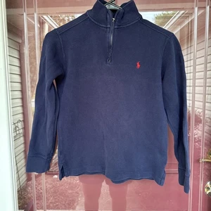 Jungen Polo Ralph Lauren blau marineblau 1/4 Reißverschluss Pullover Größe Medium M 10 12 rot Pony - Bild 1 von 7