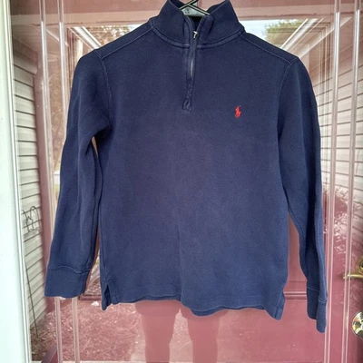 Boy's Polo Ralph Lauren Blue Navy 1/4 Zip Sweater Size Medium M 10 12 Red Pony - Image 1 of 4