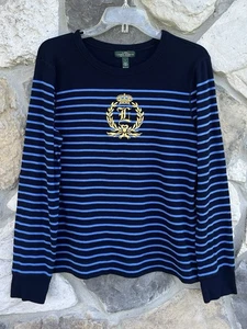 Top LRL Ralph Lauren para mujer grande azul dorado bordado escudo logotipo ecuestre - Imagen 1 de 4