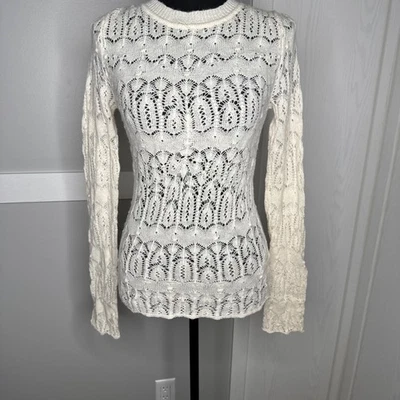GUESS Cream Open Knit Sweater Women’s Small | Boho Chic Pointelle Long Sleeve - Image 1 of 4