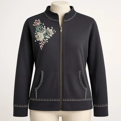 Chaqueta bordada floral con cremallera para mujer negra bolsillos caprichoso punk ropa de calle Foto 1 de 4