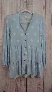 Wonderly Tunic Top Womens Small Blue Button Down Long Sleeve Tiered Stretch - Picture 1 of 11