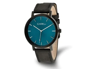 Orologio analogico Chisel quadrante blu placcato nero con cinturino in pelle - Foto 1 di 4