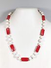 Collier vintage barre rouge blanc perles rondes déclaration acrylique 24 pouces