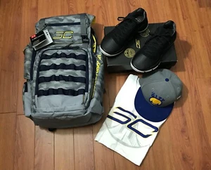 Mens Curry 4 Low Basketball Steph 3000083-004 Sz 9-9.5+UA Backpack, Tee, Cap Lot - Picture 1 of 12