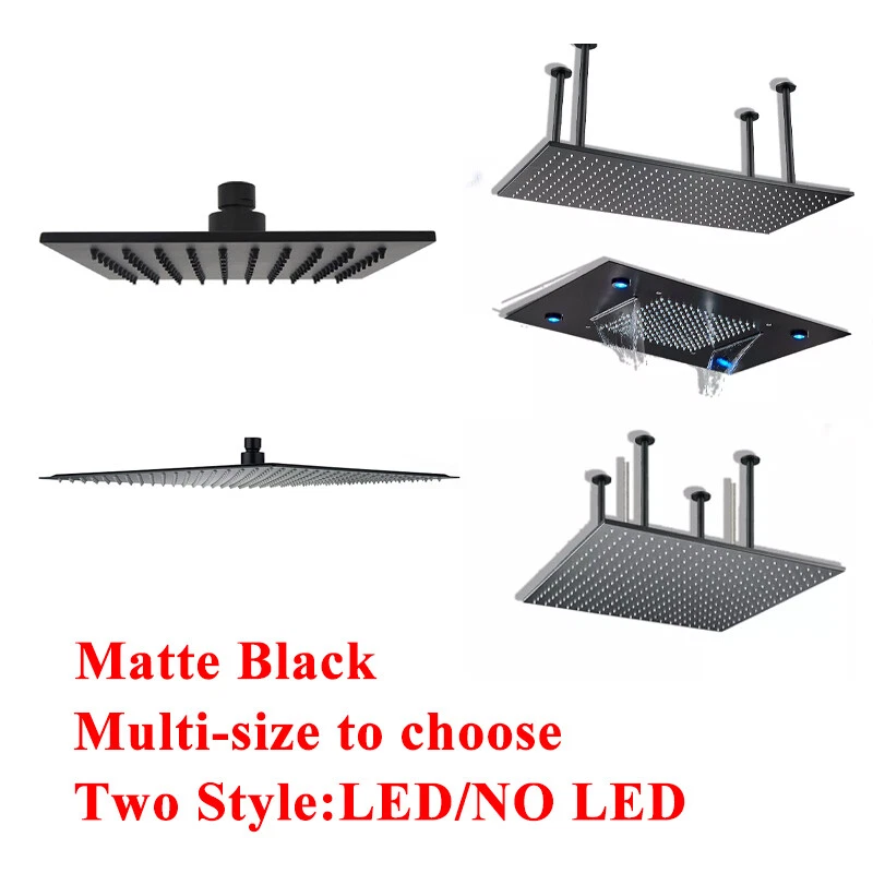 Luxury LED Matte Black Square High Pressure Rain Top Overhead Shower Head Spray - Image 1 of 1