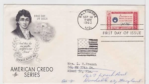 TurtlesTradingPost - Francis Scott Key Credo 1960 #1142 FDC - Artcraft Forwarded - Picture 1 of 2