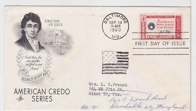 TurtlesTradingPost - Francis Scott Key Credo 1960 #1142 FDC - Artcraft Forwarded - Image 1 of 2