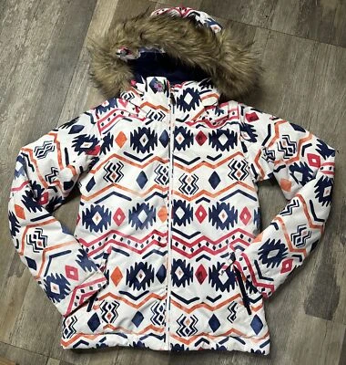 Jaqueta Parka ROXY Meninas Multicolorida Asteca Acabamento de Pele Dryflight Casaco com Capuz Tamanho 12 - Imagem 1 de 4