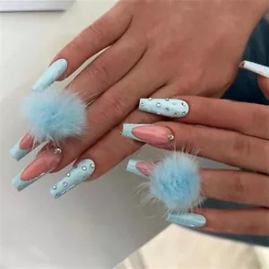 Blue Hairball French False Nail Long Coffin Press on Nails for Nail Art 24pcs - Picture 1 of 6