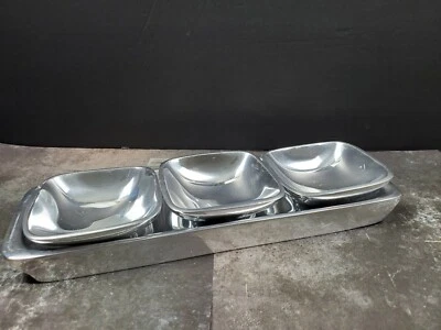 Pottery Barn Barona Aluminum 13" x 4"  Platter & (3) 4" x 4"  Serving Bowls  - Image 1 of 4
