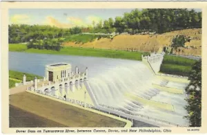 Vintage Ohio Linen Postcard Dover Dam Tuscarawas River Canton Dover Philadelphia - Picture 1 of 2