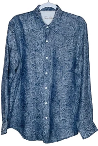 Tasso Elba Blue Linen Shirt Paisley Long Sleeve Button Up Mens Sz S 15-15.5 - Picture 1 of 16