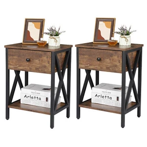 Set of 2 End Tables w/Drawers Storage Home Organizer Table Shelf X-Design Legs - Picture 1 of 24