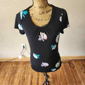 Worthington Womens Black Blue Floral Short Sleeve Scoop Neck Blouse Small - Picture 1 of 6