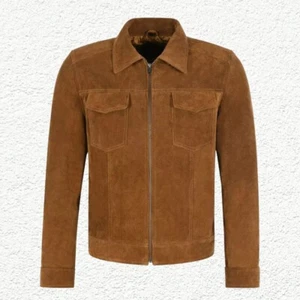 Clásico Hombre Piel de Oveja Chaqueta Ante Motero Marrón Cremallera Lujo Liso - Picture 1 of 3
