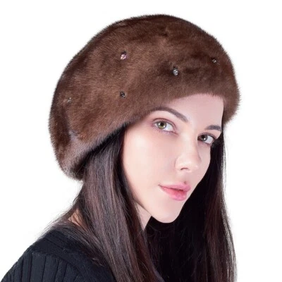 Women's Luxury Real Whole Pelt Mink Fur Hat Beret Top Hat Beanie Winter Warm Cap - Image 1 of 4
