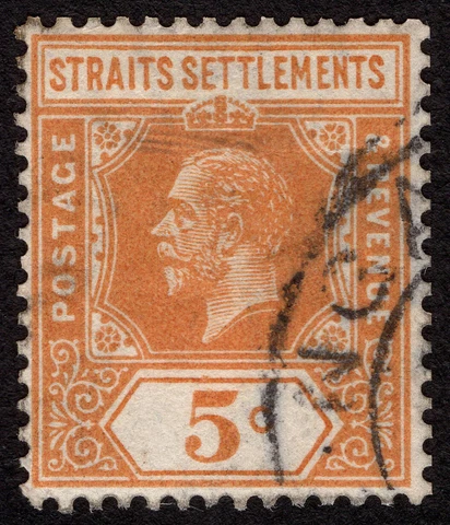 1912-23 George V 5c Orange Straits Settlements Postage Stamp - Used Hinged Cover