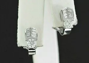 $2,550 18K White Gold 1.00ct Baguette Cut Round Diamond Omega Back Hoop Earrings - Picture 1 of 6