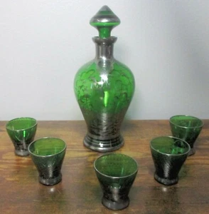 Vintage Murano, Italien Smaragdgrün Venezianisches Glas DEKANTER SET mit Silberüberfang - Bild 1 von 8