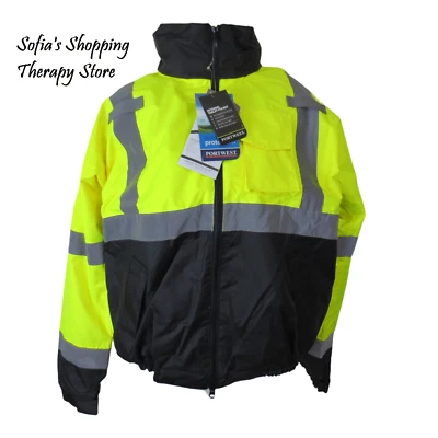 PORTWEST Men's MEDIUM Hi Vis 2 In 1 Waterproof Bomber Hooded Jacket Yellow/Black - Image 1 of 4