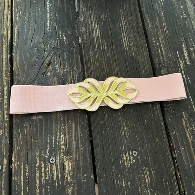 Women's Stretch Enamel Floral Belt 70's 80's Pink Tan Vintage Adjustable - Image 1 of 4