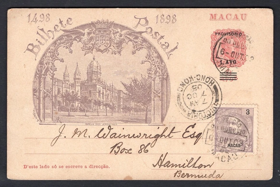 MACAU 1903 Uprated Provisional Postal Card to BERMUDA, via Hong Kong - Image 1 of 2