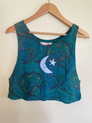 Blusa crop top vintage Moon Celestial paisley azul feminina pequena - Imagem 1 de 4