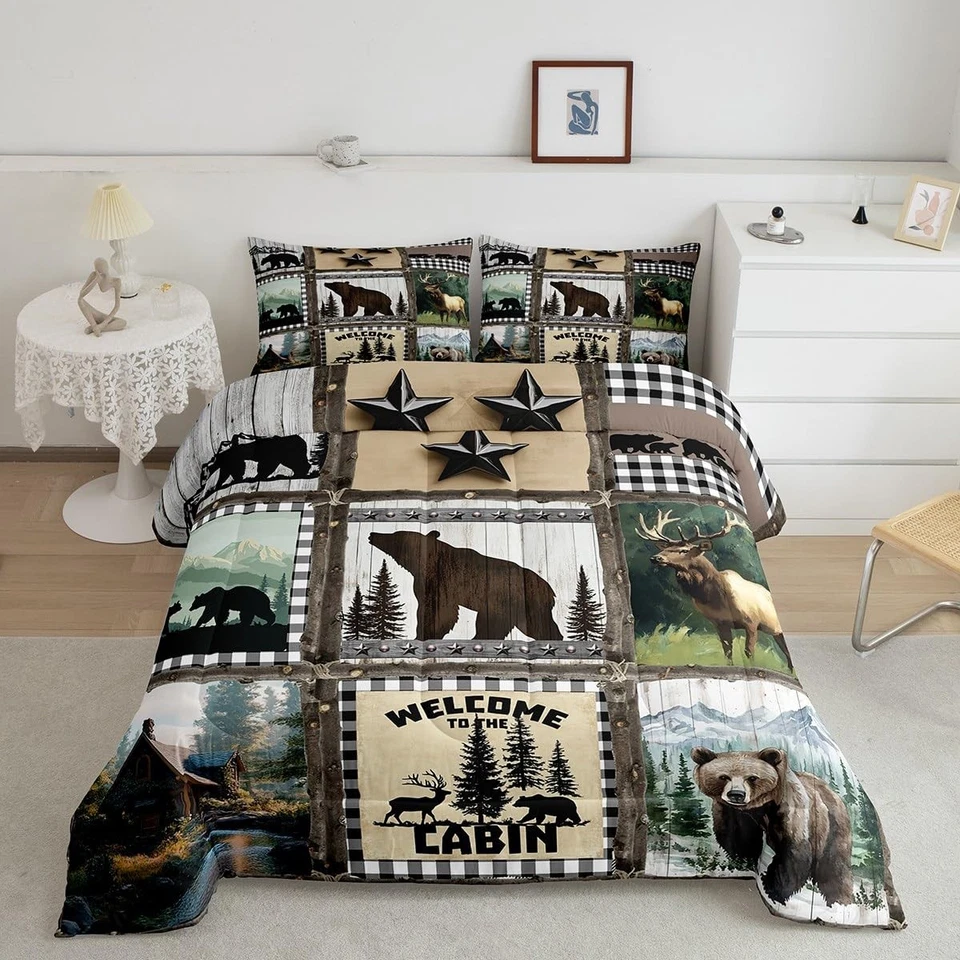 Farmhouse Decor,Rustic Bear Deer Quilt Twin,Black and White Checkered Buffalo... - Image 1 of 4