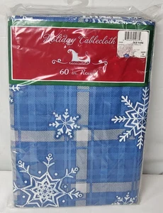 Mainstream Vinyl Flannel Back Tablecloth 60" Round Blue Snowflake Christmas New - Picture 1 of 10