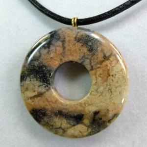 Tan & Pink, Black Agate 1 1/4 inch Stone Donut 22.5" Leather Cord Necklace #84 - Picture 1 of 3