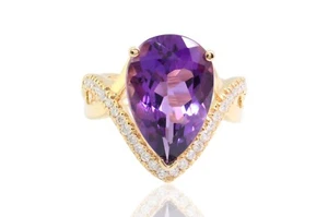Pear Cut Halo Amethyst & Diamond Engagement designer Ring 14K Yellow Gold - Picture 1 of 3