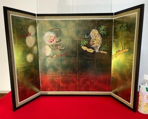 Japanese BYOBU folding screen Black frame Dragon & Tiger & Bamboo w26.4" *318 - Picture 1 of 8