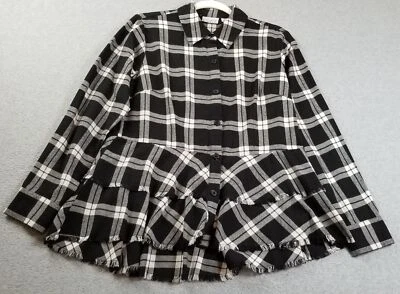 JOAN RIVERS Peplum Button Up Shirt Women 4 Black White Plaid Flannel Fraying Top - Imagem 1 de 4