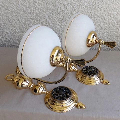 VINTAGE PAIR OF ART DECO SCONCES REAL ALABASTER SHADES BRONZE CAST Cover