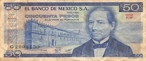 Mexico  50  Pesos  27.1.1981  Series  KW  Prefix  G  Circulated Banknote G8 - Picture 1 of 2
