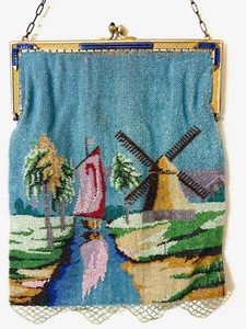 Antique Vintage Scenic Micro Beaded Purse Windmill Sail Boat - Picture 1 of 10
