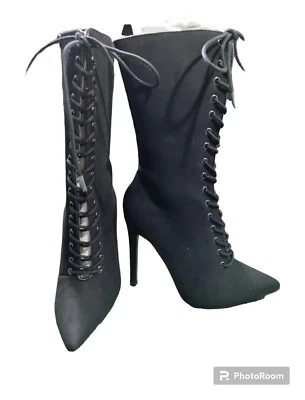 Botas para mujer Liliana 5,5 negras satinadas media pantorrilla tacón de aguja Foto 1 de 4