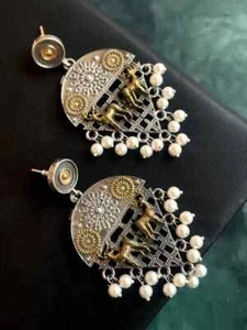 Dual Tone with Deer Embossed Antique Earring - Picture 1 of 3
