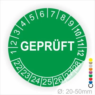 PRINTENGEL © Prüfplaketten Plakette Geprüft Prüftermin Wartung Prüfung Ø:20-50mm Jahr 22-28