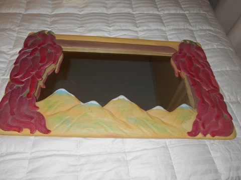 DIFFERENT WOODEN CARVED MIRROR WALL HANGING MOUNTAINS AND RED PEPPERS Cover