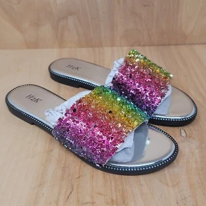 H2K Womens Sandals Sz 8 M Glitter Bling Fancy Slide Flat Low Sparkle Shoes - Picture 1 of 11