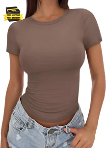 Womens Basic T Shirts Summer Tops 2025 Crop Short Sleeve Y2K Tee Cute Gym Fashio - Picture 1 of 6