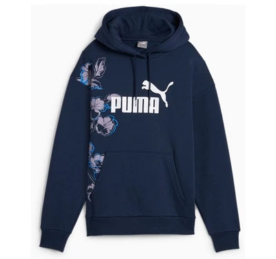Sudadera con capucha para mujer Puma de algodón esencial floral vibraciones - azul marino Foto 1 de 4