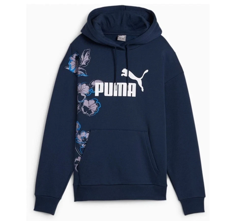 Sudadera con capucha para mujer Puma de algodón esencial floral vibraciones - azul marino Foto 1 de 4